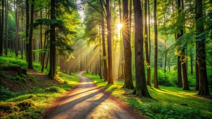 Obraz premium Winding dirt path disappears into lush green forest, surrounded by tall trees with dappled sunlight filtering through, creating a serene and peaceful natural background.