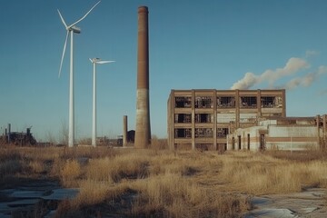 Old factories stand as reminders of the past, while wind turbines signify a shift toward renewable energy in the landscape. Generative AI