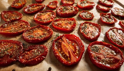 Homemade sun-dried tomatoes. Sliced red tomatoes with spices, garlic and olive oil on parchment paper.  Sun-dried tomatoes.