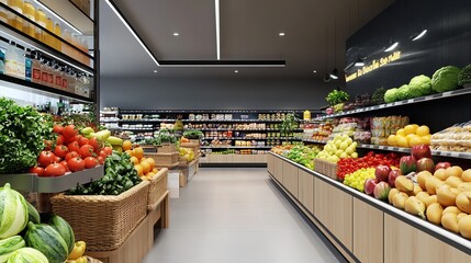 Fresh, ripe strawberries are displayed in a wooden crate at a grocery store.