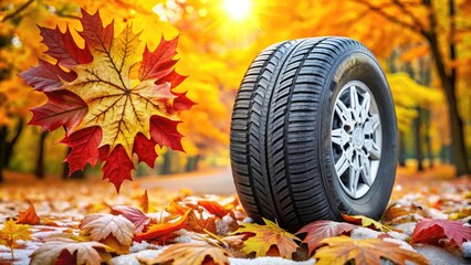 Winter tires with snowflake pattern and autumn leaves scattered around, symbolizing seasonal transition and importance of tire change for safe driving in harsh weather conditions.