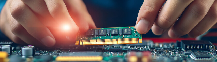 Technician carefully removing faulty RAM module from circuit board, showcasing precision and focus in electronic repair.