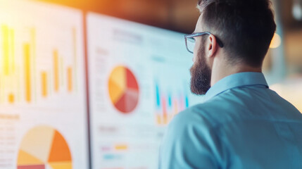 Business analyst reviewing data visualizations and budget allocations. focus is on charts and graphs, reflecting analytical thinking and strategic planning.