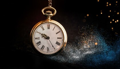 An old pocket watch with floating particles symbolizing the passing of time against a black background