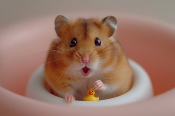 A small hamster relaxes in a mini inflatable pool, holding a tiny yellow rubber duck