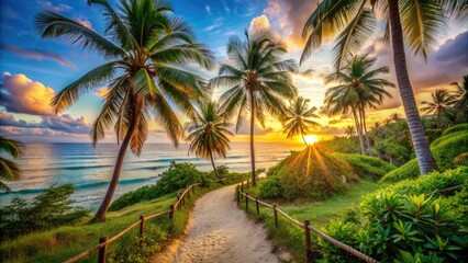 Fototapeta premium Winding sandy trail lined with lush tropical greenery and towering palm trees leads to a serene and tranquil turquoise ocean beach at sunset.