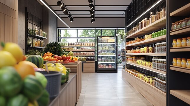 A modern grocery store interior with fresh produce and shelves stocked with a variety of goods.