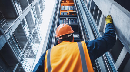 A worker in safety vest and helmet is upgrading an elevator system in modern building. scene captures technical environment and focus on maintenance.