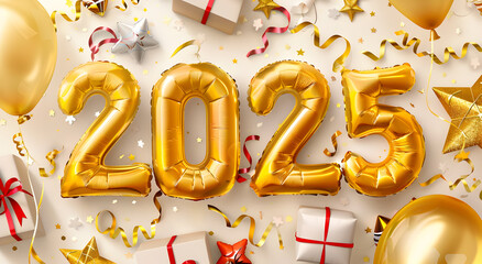 2025 with balloons and festive decorations - stars, gifts and confetti - welcome the New Year in a smart, joyful atmosphere. New Year's Eve Concept.