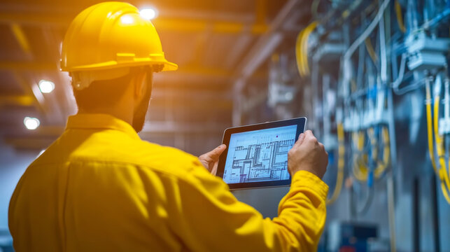 A worker in yellow safety jacket and helmet is using tablet to review electrical system plans in an industrial setting.