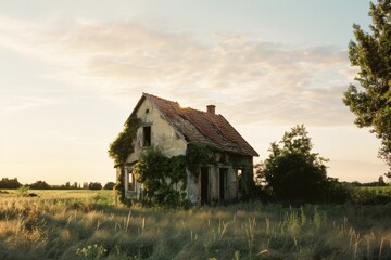 A quaint, abandoned farmhouse overrun by lush greenery stands in a sunlit meadow, evoking nostalgia and the passage of time.