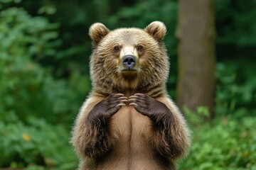Obraz premium A Young Brown Bear Standing on Its Hind Legs