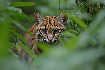 Obraz premium A Margay Cat Peeking Through Dense Green Foliage