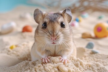A small hamster looks directly at the camera, sitting in a tiny sandbox filled with toys