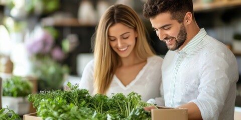A young couple smiles while unpacking boxes filled with fresh herbs in their new home, creating a warm and inviting atmosphere