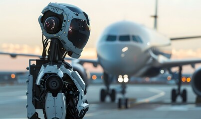 A futuristic robot pilot poses near a modern aircraft on the airport runway. The streamlined, intelligent design symbolizes progress in the aviation industry and AI integration.