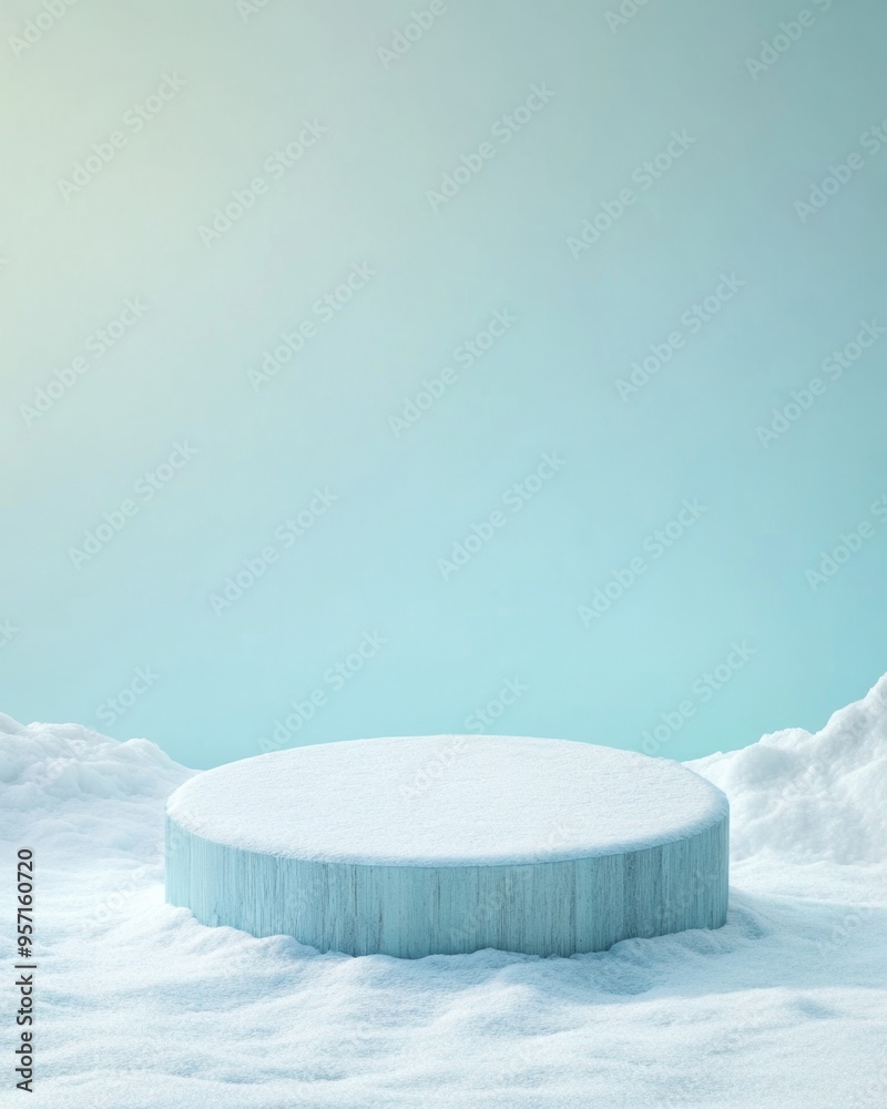 Poster minimalist frosty blue wooden podium on snow-white background with soft glow highlight - serene wint