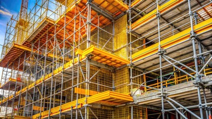 Yellow and orange safety nets and harnesses surround a multi-level scaffolding structure under construction, ensuring a secure working environment for industrious professionals.