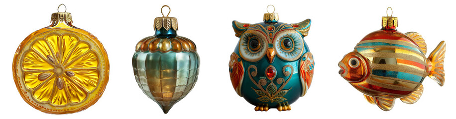 Set of unique glass Christmas ornaments including lemon slice, acorn, owl, and fish shapes. Clipart isolated on transparent background.