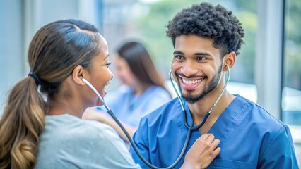 Young adult male student in scrubs and stethoscope takes patient's vitals, smiling kindly as he demonstrates enthusiastic dedication to future nursing career.