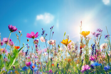 Beautiful Spring Meadow with Colorful Wildflowers and Sunshine