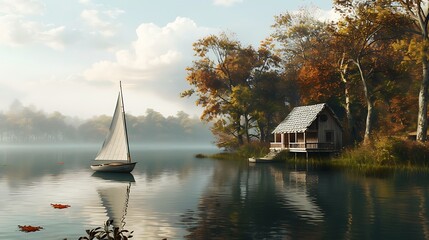 Quiet divide by the lake with a tiny sailboat and rustic penetrate