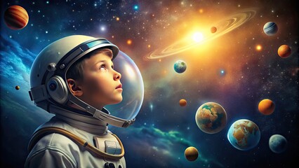 Obraz premium Young boy in astronaut helmet gazes up in wonder at starry night sky, surrounded by planets and spaceships, with a sense of adventure and curiosity.