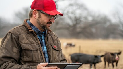 Farmer utilizes technology in field to monitor data surrounded by inquisitive pigs on sunny day