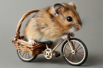 A small hamster sits on a miniature bicycle with a wicker basket, looking intently ahead as if its on a serious cycling adventure