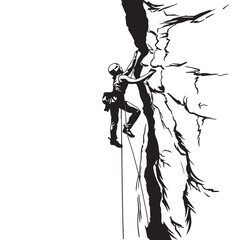 Rock Climber in Action Black and White Vector Illustration of Cliff Climbing Adventure