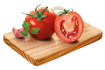 tábua de madeira com tomate vermelho, alho, salsa e cebola isolado em fundo transparente