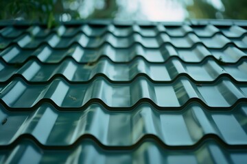 Obraz premium Perspective view of a corrugated metal roof reflecting sunlight, showcasing geometric patterns and industrial design elements.