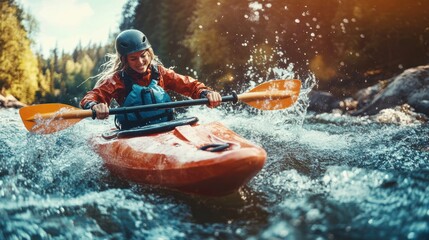 A kayaker rafting struggling with water splashes in boat in rapid river in mountain