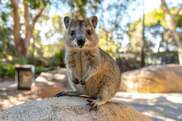 Obraz premium Close-up of a Curious Quokka Sitting on a Rock