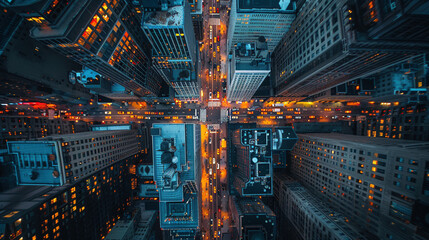 Aerial View of Downtown City with Illuminated Skyscrapers and Streets
