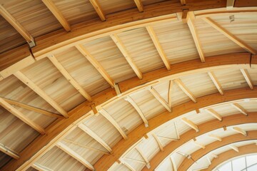 A close-up of a wooden ceiling with a series of evenly spaced beams creating an intricate, geometric pattern in warm, natural tones.