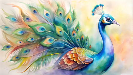 Fototapeta premium Colorful peacock in watercolor style with vibrant feathers and soft background, copy space