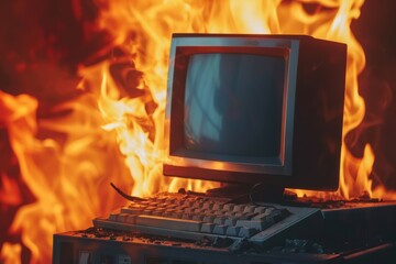 An old computer engulfed in bright, raging flames, symbolizing the end of an era or the dangers of outdated technology.