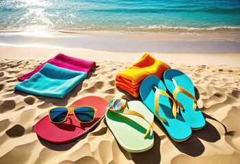 colorful beach accessories displayed bright sunny sandy shores clear blue skies gentle waves, sky, towels, umbrellas, chairs, cooler, sunglasses, bags, mats