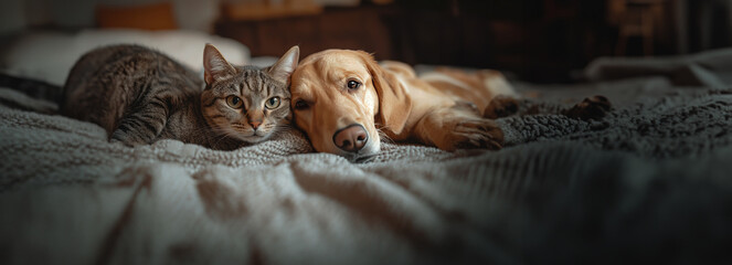 Fototapeta premium Joyful Furry Friends: A Playful Cat and Dog Posing Together in Adorable Home Photoshoot