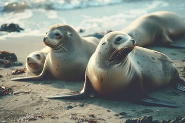 A group of seals resting on a sandy beach near the ocean, with gentle waves in the background and a serene, natural setting.