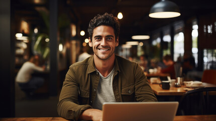 generated illustration of young professional man working on laptop in cafe