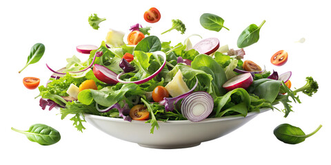 Mixing Salad of different vegetables green lettuce, spinach, onion and other flying in the air isolated on transparent background