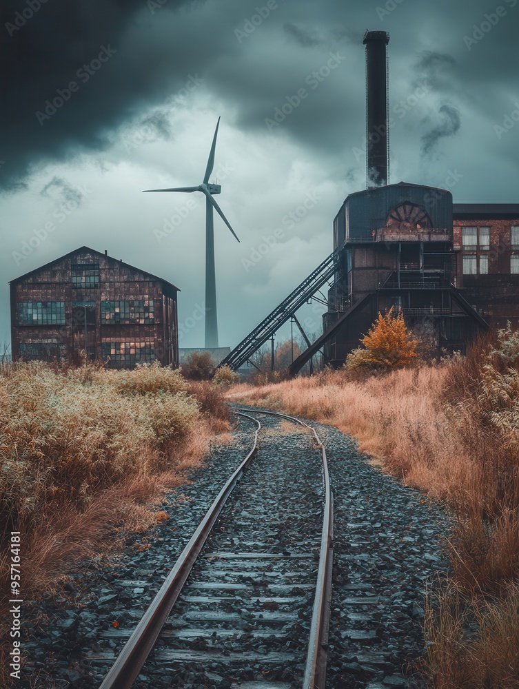Aufkleber Rusting factories and abandoned coal mines highlight the landscape as wind turbines signal a transition to renewable energy sources. Generative AI