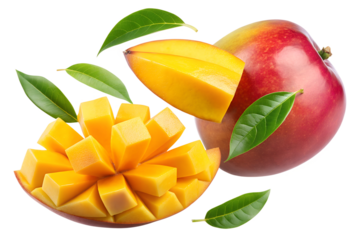 Mango with half slices falling or floating in the air with green leaves isolated on transparent background