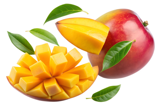 Mango with half slices falling or floating in the air with green leaves isolated on transparent background