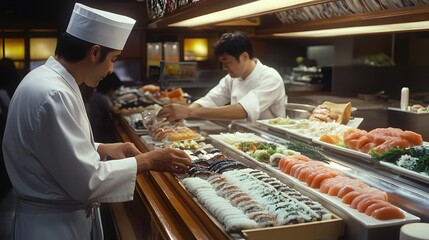 A customer carefully selecting ingredients from a sushi bar, with a chef offering guidance