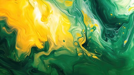 Abstract fluid forms in shades of green and yellow, swirling together to create a vibrant, energetic composition