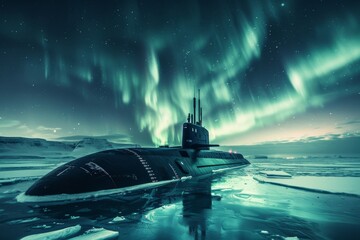 Submarine submerged in icy waters beneath a mesmerizing aurora borealis, creating an enchanting scene of technology meets natural wonder.