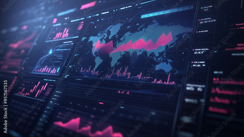 Poster dynamic data visualization depicting global market trends and analytics on a digital dashboard at ni